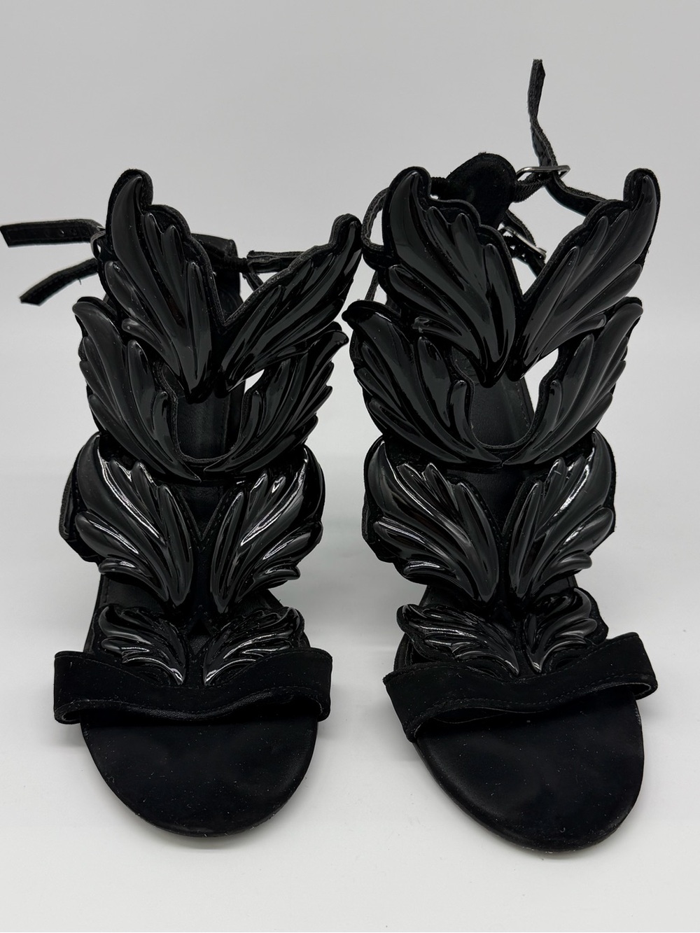 Olivia Miller Black Leaf Appliqué Lace-Up Heeled Sandals